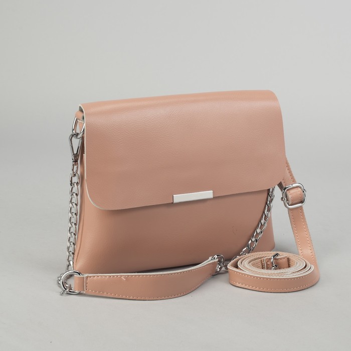 Сумка женская, отдел, 2 наружных кармана, цепь, длинный ремень, цвет розовый