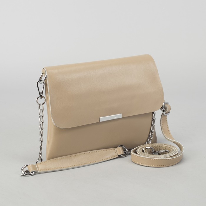 Сумка женская, отдел, 2 наружных кармана, цепь, длинный ремень, цвет хаки