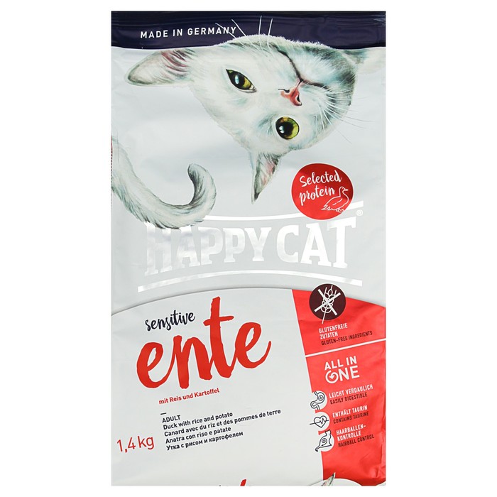 Сухой корм Happy Cat Sensitive для кошек, утка, 1.4 кг