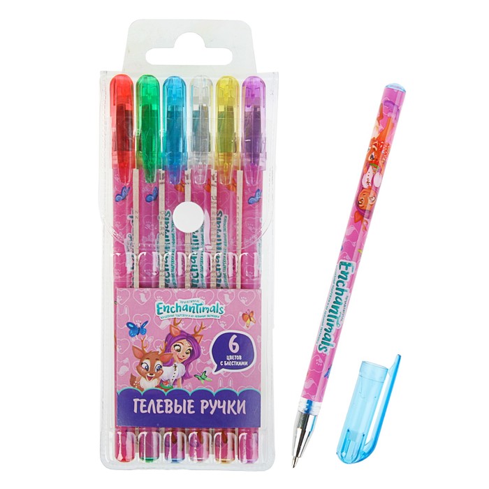 Набор гелевых ручек 6 цветов Mattel Enchantimals, узел 0.5мм, с блестками, блистер, 4 + 2 цвета (золото и серебро)