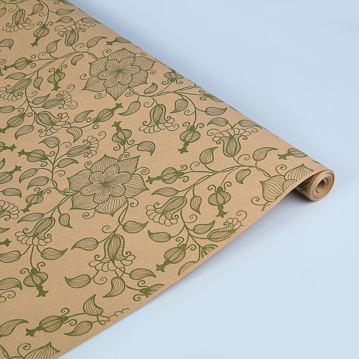 Бумага упаковочная крафт "Вьюнок полевой зелёный", 0,72 х 10 м, 70 г