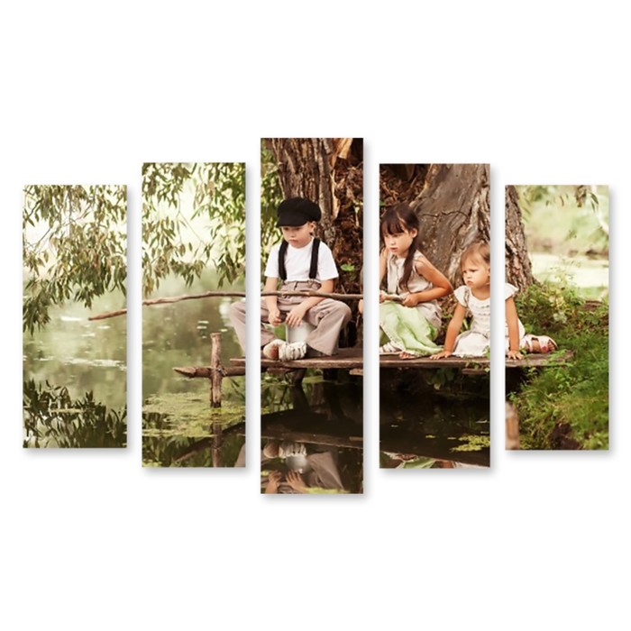 Модульная картина на стекле "Дети на рыбалке" 150*92 см