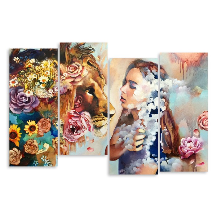 Модульная картина "Лев и девушка" 120*77 см