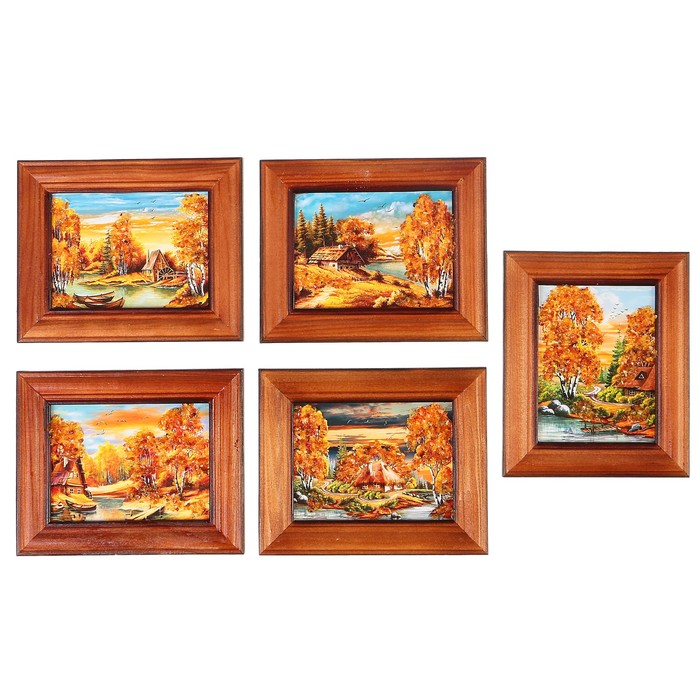 Картина "Дом, мостик, лодка" янтарь 7х9 см микс