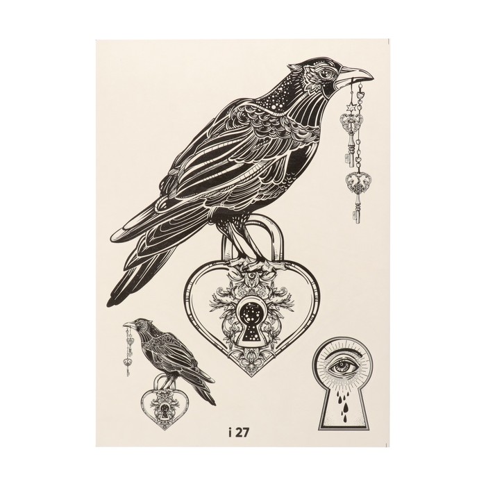 Татуировка переводная "Ворон" черно-белая (027)