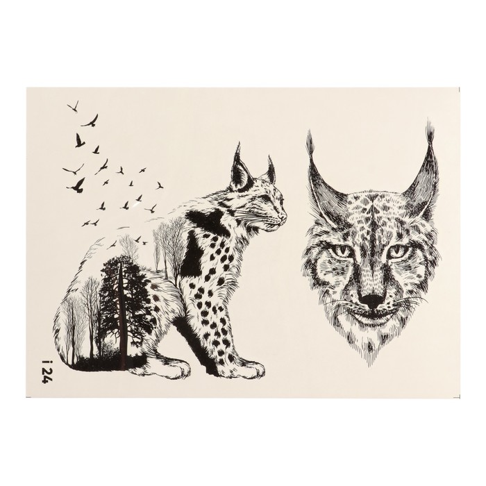 Татуировка переводная "Рысь" черно-белая (024)