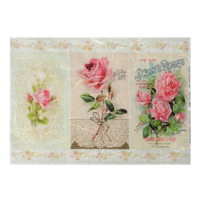 Рисовая декупажная карта "Спокойные розы" плотность 25г/м2 формат А4