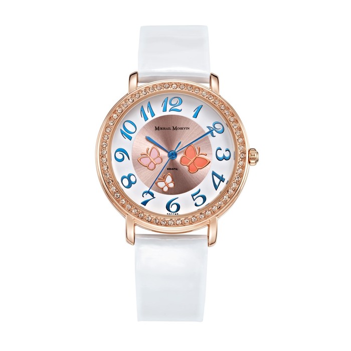 Часы наручные женские "Каприз", золотистый циферблат, белый ремешок, 556-8-2