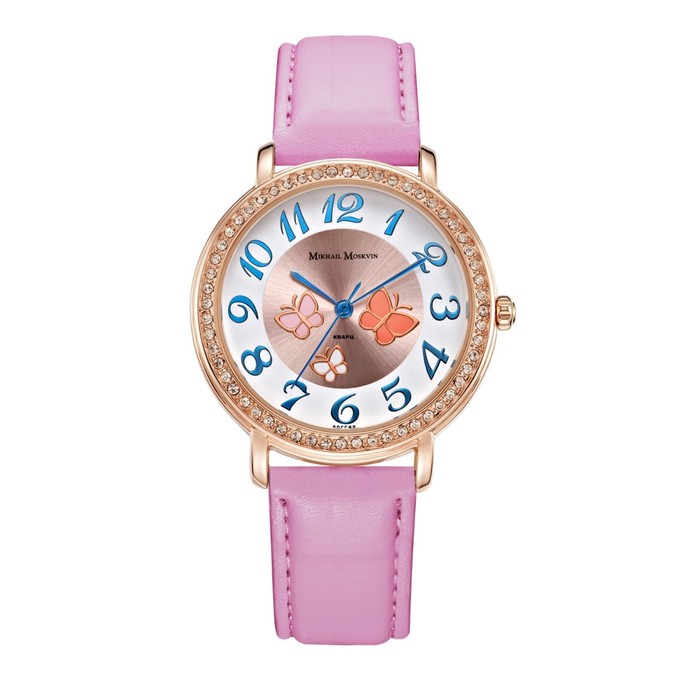 Часы наручные женские "Каприз", золотистый циферблат, розовый ремешок, 556-8-2-4