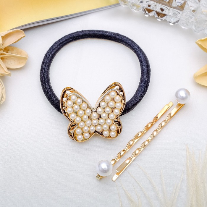 Набор для волос "Жемчужинка" 5 см (1 резинка, 2 невидимки) бабочка