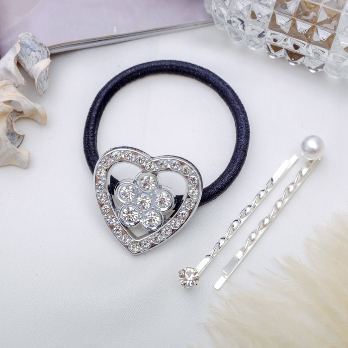 Набор для волос "Кристальные кружева" 5 см (1 резинка, 2 невидимки) сердце
