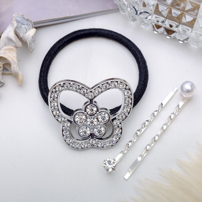 Набор для волос "Кристальные кружева" 5,5 см (1 резинка, 2 невидимки) бабочка