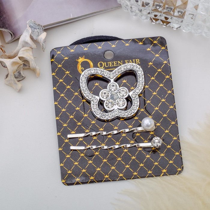 Набор для волос "Кристальные кружева" 5,5 см (1 резинка, 2 невидимки) бабочка