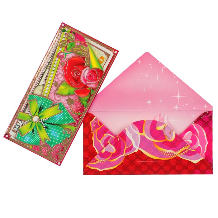 Конверт для денег "Универсальный" зелёный бант, розы