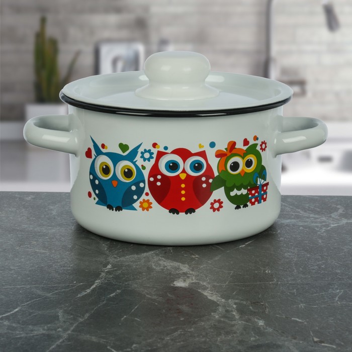 Кастрюля 1,5 л "Совы", пластиковая ручка, цвет белый