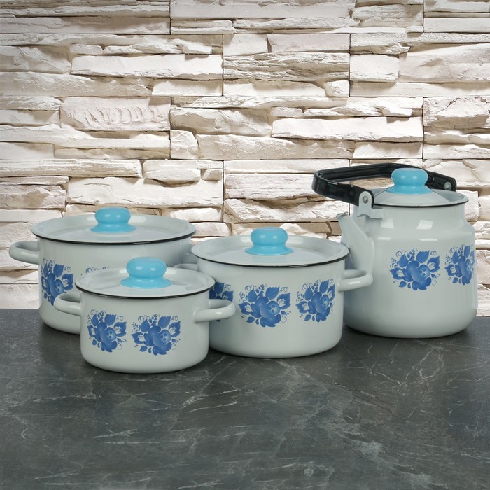 Набор посуды "Деколь", 4 предмета: кастрюли 1,5 л, 2,9 л, 3,9 л, чайник 3,5 л, в ассортименте, цвет белоснежный