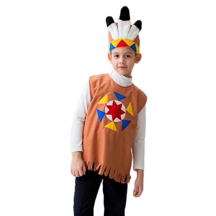 Карнавальный костюм "Индеец", трикотаж, шапка с перьями, безрукавка, рост 122-134 см