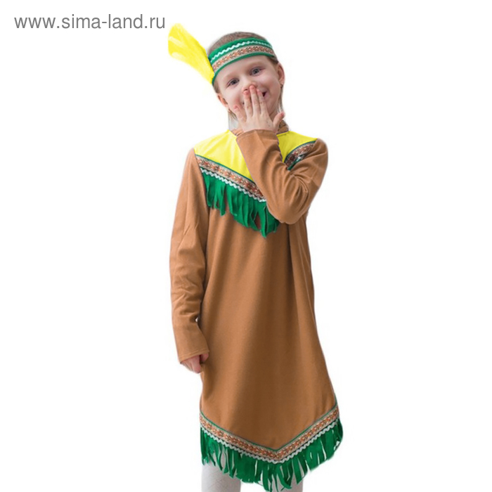 фото Карнавальный костюм «девочка-индеец», трикотаж, платье, повязка с перьями, рост 122-134 см, тесьма микс бока