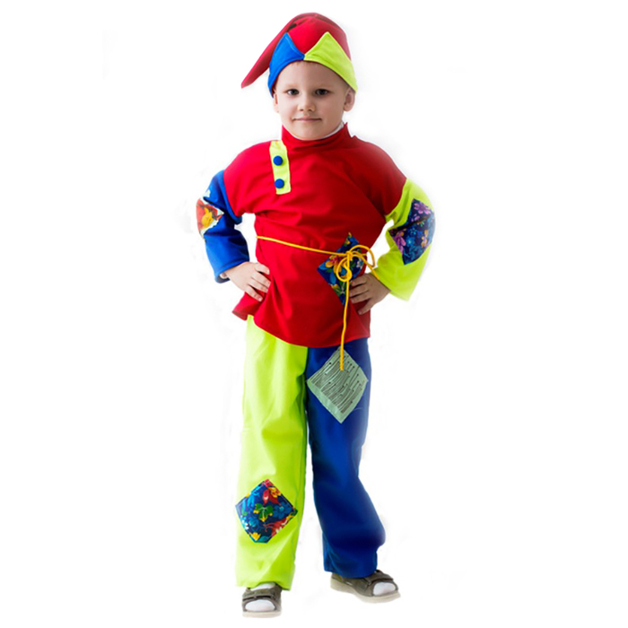 Карнавальный костюм "Скоморох", трикотаж, колпак, рубаха, пояс, штаны, рост 122-134