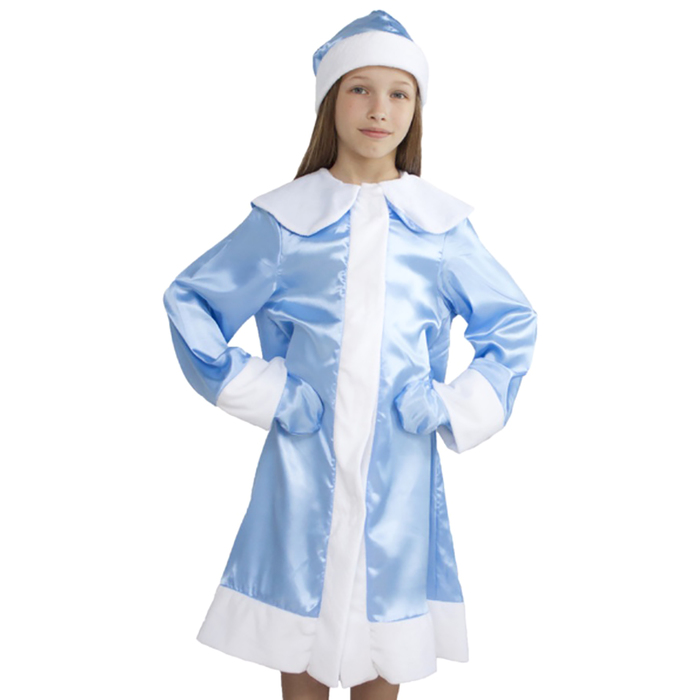 Карнавальный костюм "Девочка Снегурочка", атлас, шапка, шуба, варежки, рост 122-134