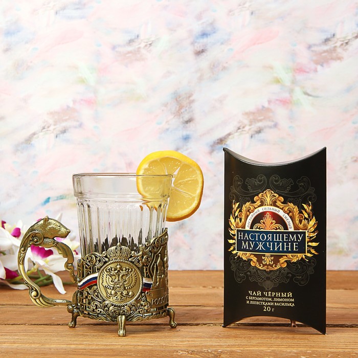 Набор: подстаканник со стаканом, чай чёрный "С 23 Февраля"