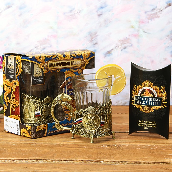 Набор: подстаканник со стаканом, чай чёрный "Лучшему свекру"