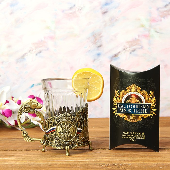 Набор: подстаканник со стаканом, чай чёрный "Лучшему тестю"