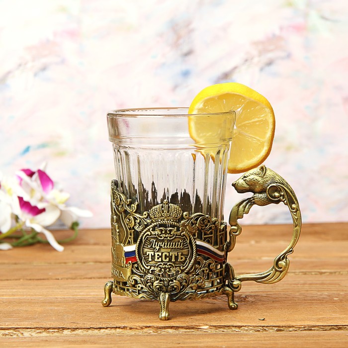 Набор: подстаканник со стаканом, чай чёрный "Лучшему тестю"