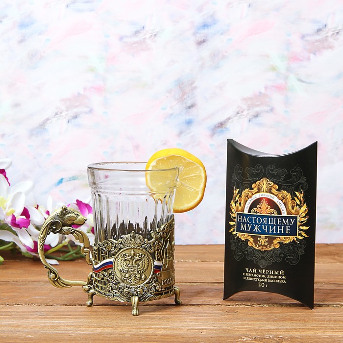 Набор: подстаканник со стаканом, чай чёрный "Настоящему мужчине"