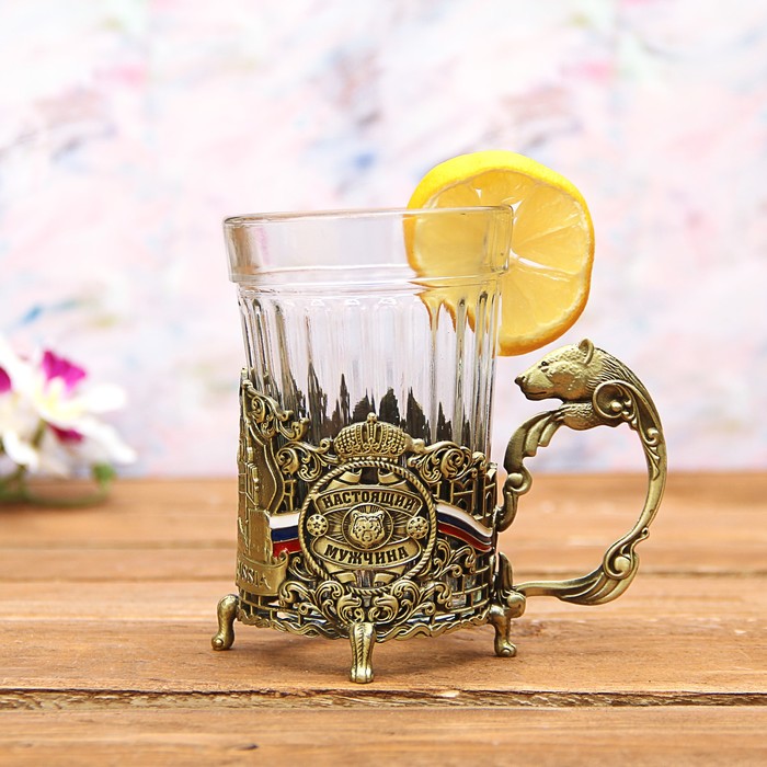 Набор: подстаканник со стаканом, чай чёрный "Настоящему мужчине"