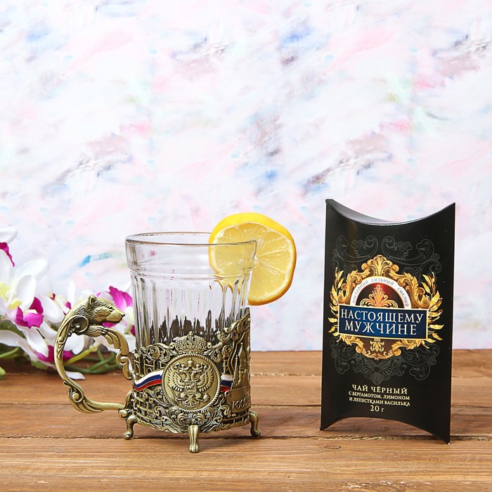 Набор: подстаканник со стаканом, чай чёрный "Крепкий мужик"