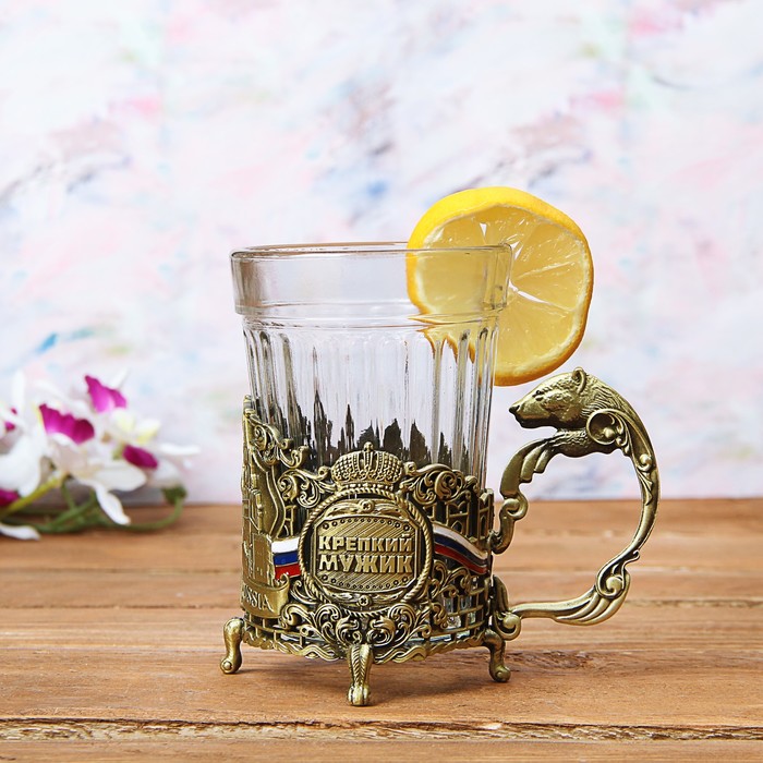 Набор: подстаканник со стаканом, чай чёрный "Крепкий мужик"