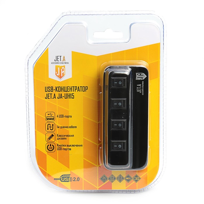 Разветвитель USB (Hub) Jet.A JA-UH15, чёрный (4 порта USB 2.0, с выключателями портов)