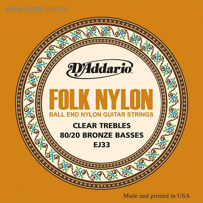 фото Струны для акустической гитары d'addario ej33 folk nylon шарик на конце, нейлон/брон 80/20