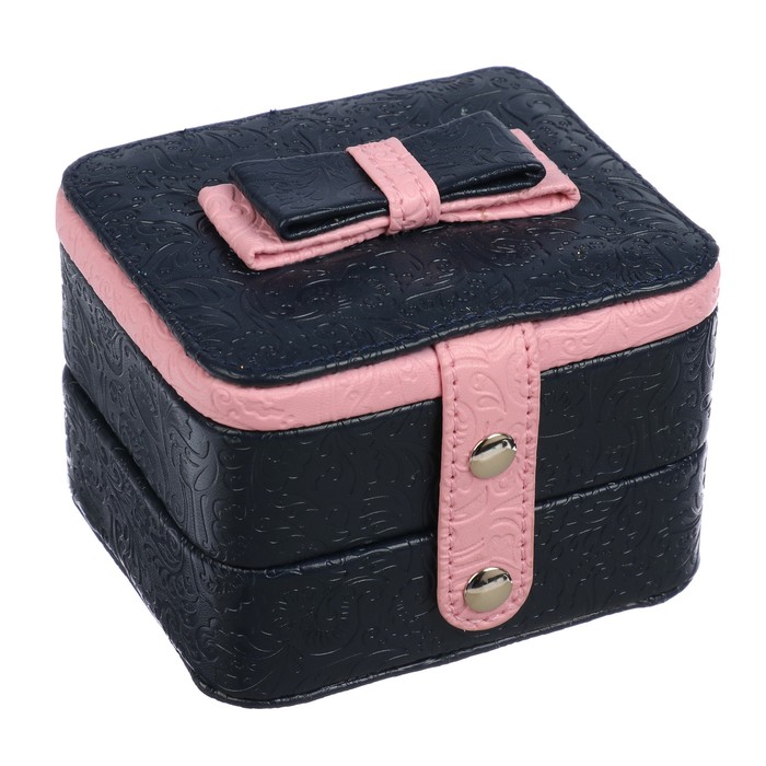 Шкатулка кожзам для украшений 2 уровня "Бант" темно-синяя с розовым 9х11х8 см