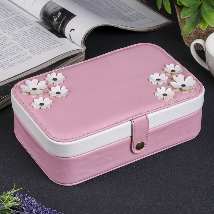 Шкатулка кожзам для украшений "Незабудки" розовая с белым 7х22х14 см