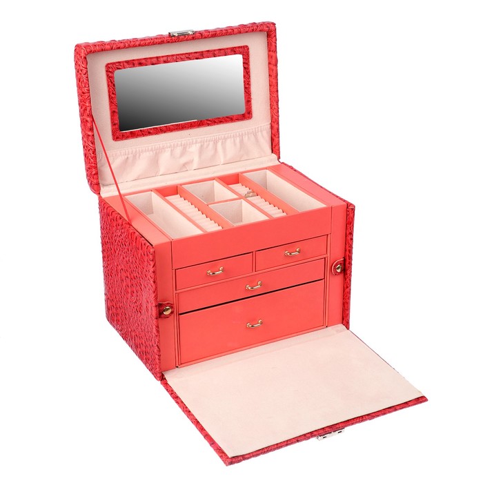 Шкатулка кожзам под часы 2 отделения и бижутерию "Текстура" красная 18,5х27х21 см