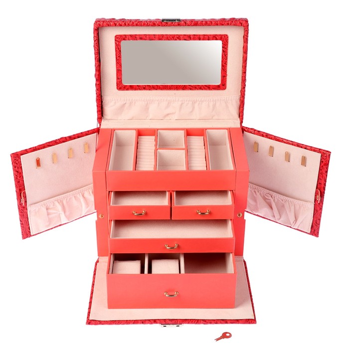 Шкатулка кожзам под часы 2 отделения и бижутерию "Текстура" красная 18,5х27х21 см