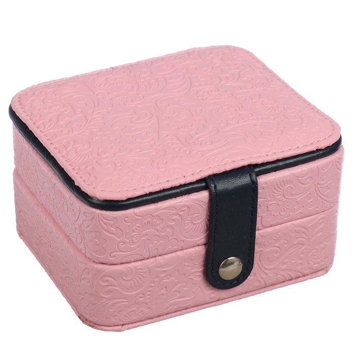 Шкатулка кожзам для украшений 2 уровня "Листья" розовая с чёрным 9х10,5х6 см