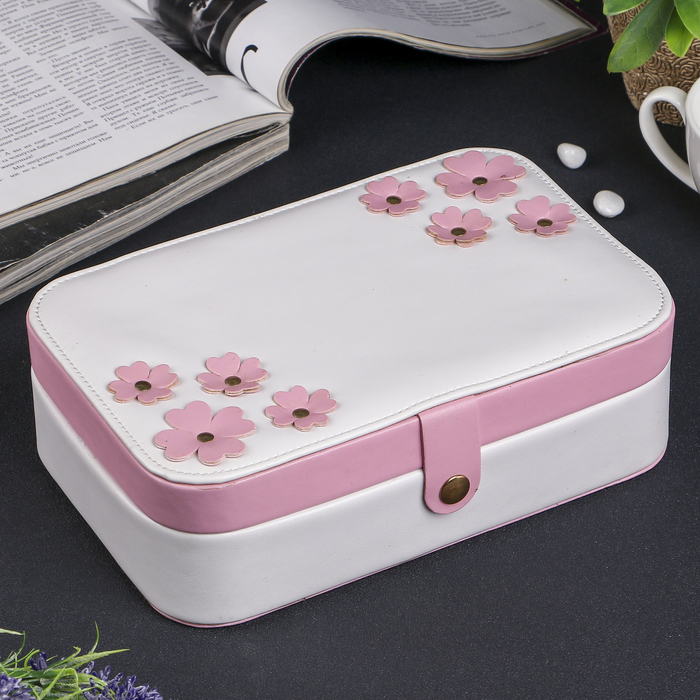 Шкатулка кожзам для украшений "Незабудки" белая с розовым 7х22х14 см