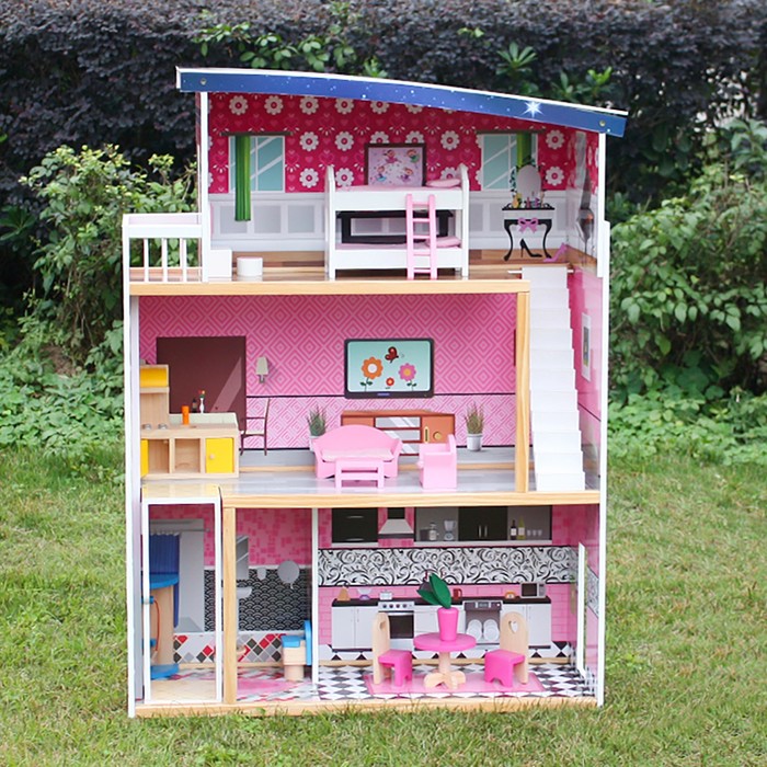 Домик для кукол "Трёхэтажный", розовый, с аксессуарами 18 шт.