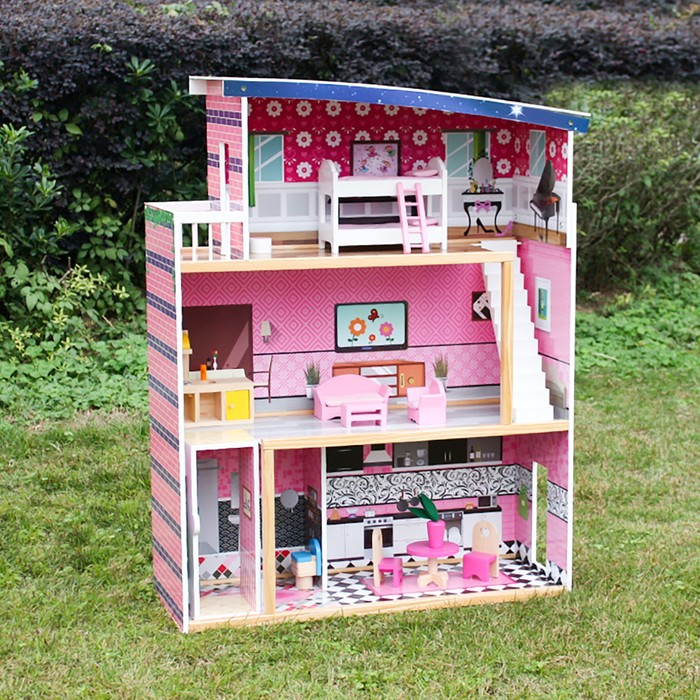 Домик для кукол "Трёхэтажный", розовый, с аксессуарами 18 шт.