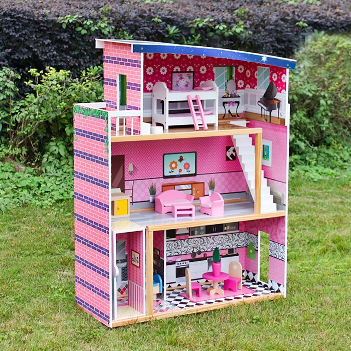 Домик для кукол "Трёхэтажный", розовый, с аксессуарами 18 шт.