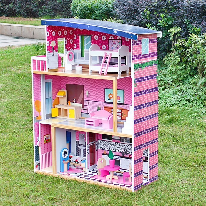 Домик для кукол "Трёхэтажный", розовый, с аксессуарами 18 шт.