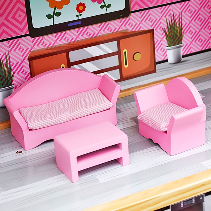 Домик для кукол "Трёхэтажный", розовый, с аксессуарами 18 шт.