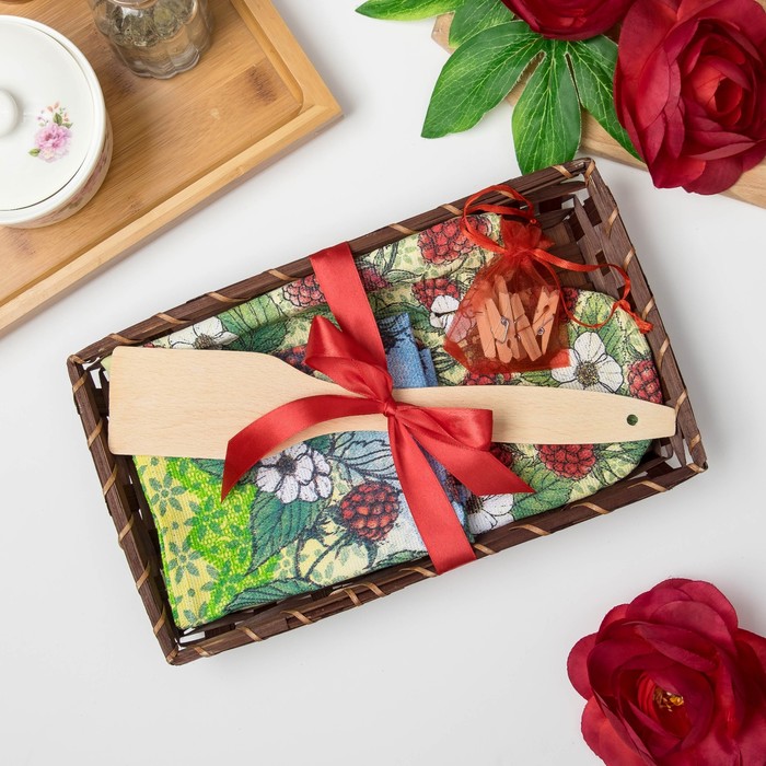 Набор "Доляна" Малина: варежка-прихватка, полотенце, лопатка, прищепки 100% хлопок, рогожка 162 г/м2