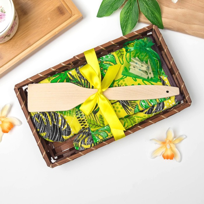 Набор "Доляна" Листья: варежка-прихватка, полотенце, лопатка, прищепки 100% хлопок, рогожка 162 г/м2