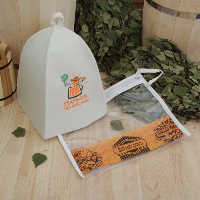 Шапка банная в косметичке "Парься по-русски" белая