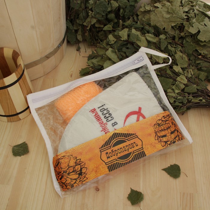 Набор для бани в косметичке "СССР серп и молот" шапка, мочалка