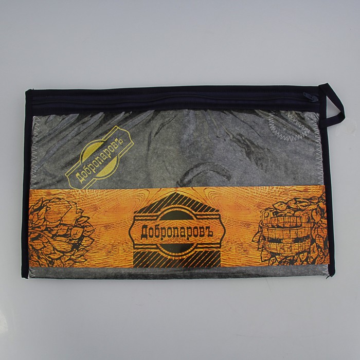 Коврик для бани в косметичке "Добропаровъ" прямоугольный, серый с золотой вышивкой